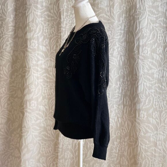 Vintage 80s Western Connection Black Beaded Sweater Dark Academia Art Deco Sz M - Picture 6 of 8
